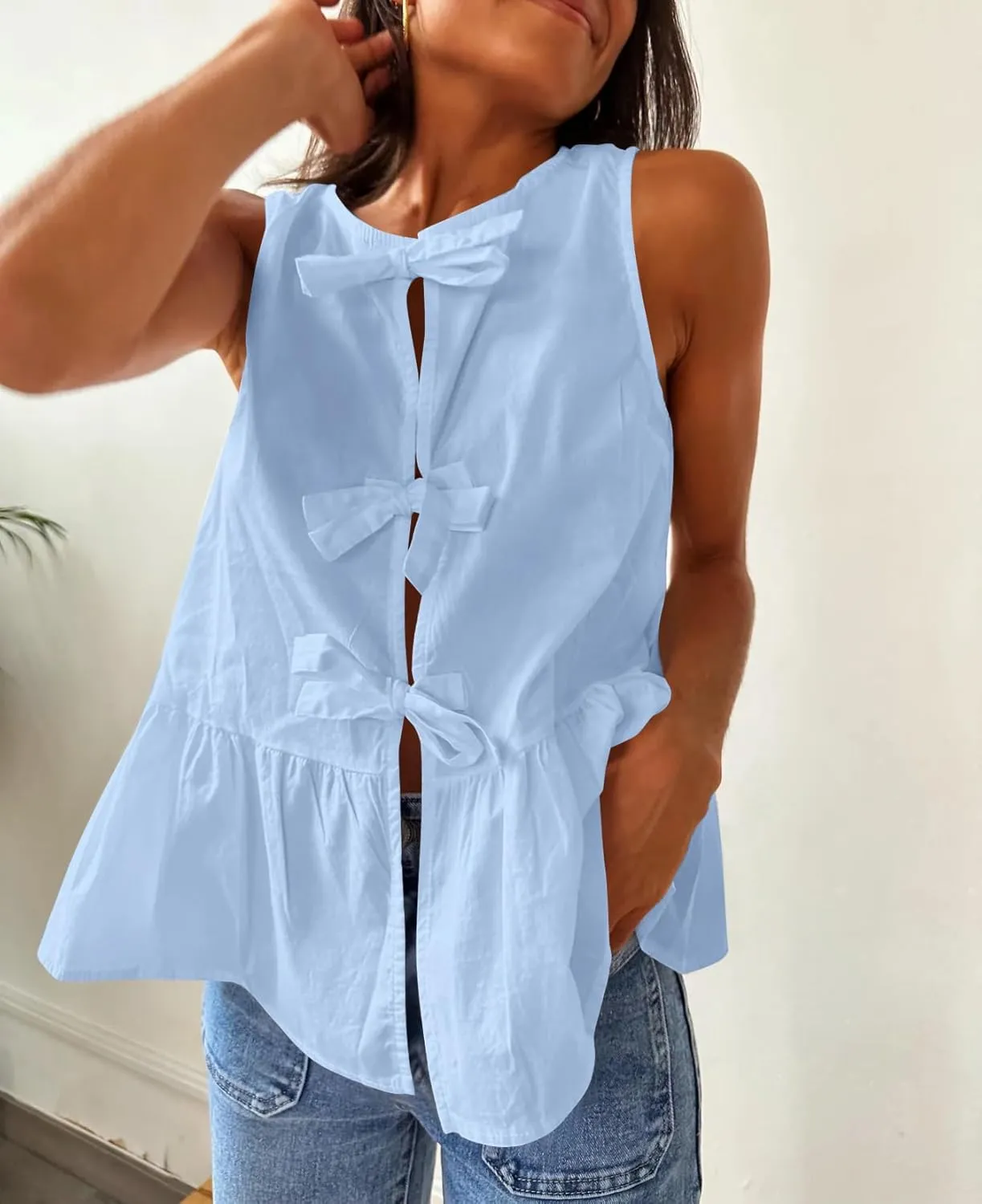 Women Casual Sleeveless Bow Tie Front Peplum Tank Tops Cute Summer Going Out Ruffled Loose Babydoll Blouse Shirts