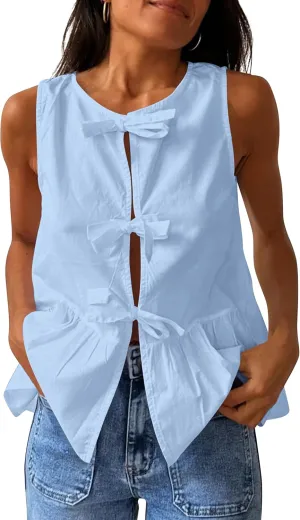 Women Casual Sleeveless Bow Tie Front Peplum Tank Tops Cute Summer Going Out Ruffled Loose Babydoll Blouse Shirts