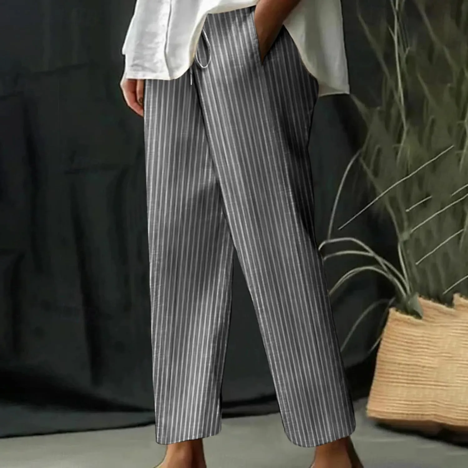 Women Cotton Linen Stripe Casual Pants, Fashion Drawstring Loose Straight Leg Trousers Summer Work Office Trendy Clothes