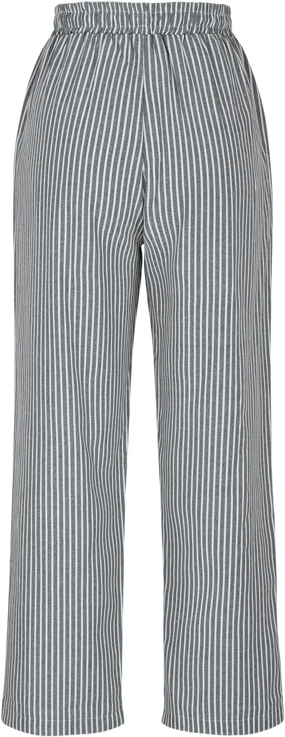 Women Cotton Linen Stripe Casual Pants, Fashion Drawstring Loose Straight Leg Trousers Summer Work Office Trendy Clothes
