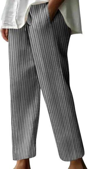 Women Cotton Linen Stripe Casual Pants, Fashion Drawstring Loose Straight Leg Trousers Summer Work Office Trendy Clothes
