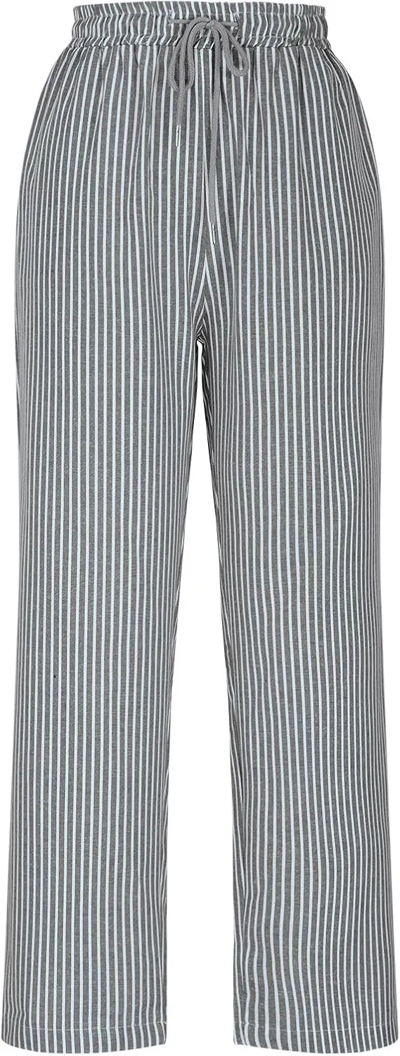 Women Cotton Linen Stripe Casual Pants, Fashion Drawstring Loose Straight Leg Trousers Summer Work Office Trendy Clothes