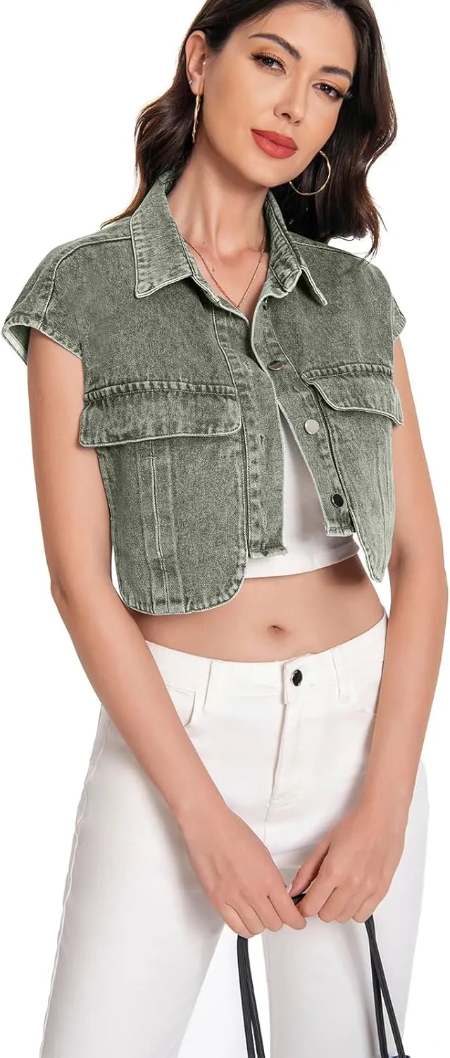 Women Cropped Denim Shirt Summer Jean Stylish Button Down Collared Cute Sleeveless Top with Pockets