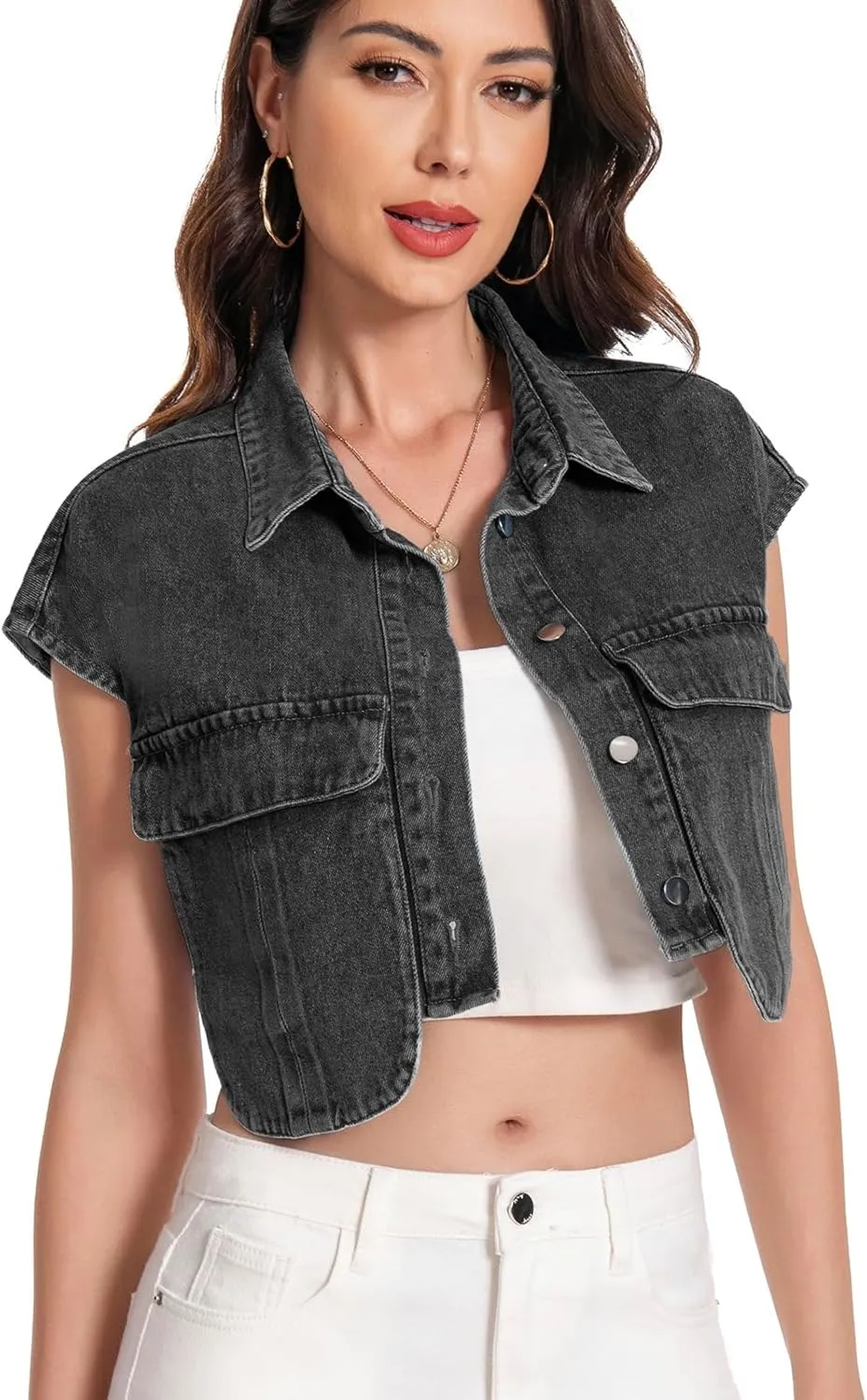 Women Cropped Denim Shirt Summer Jean Stylish Button Down Collared Cute Sleeveless Top with Pockets