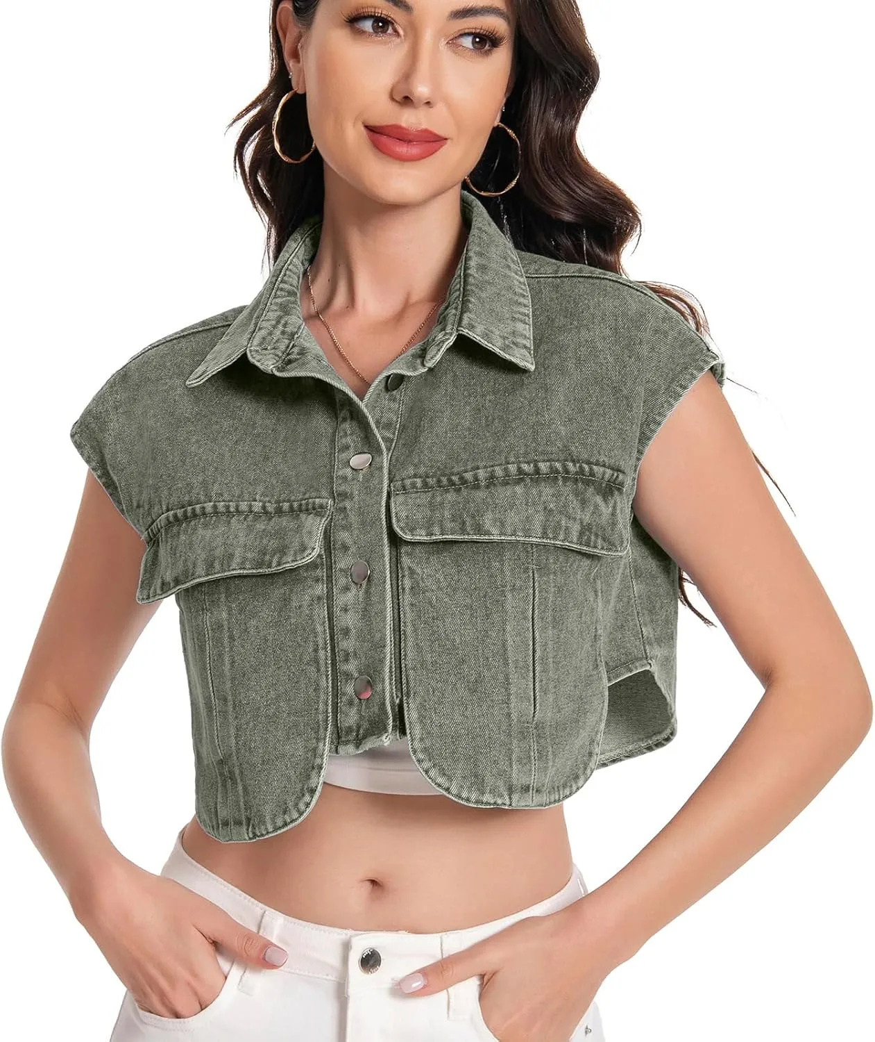 Women Cropped Denim Shirt Summer Jean Stylish Button Down Collared Cute Sleeveless Top with Pockets