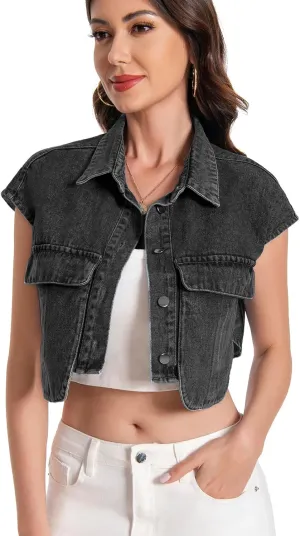 Women Cropped Denim Shirt Summer Jean Stylish Button Down Collared Cute Sleeveless Top with Pockets