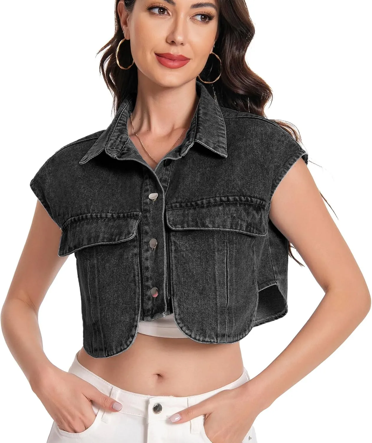 Women Cropped Denim Shirt Summer Jean Stylish Button Down Collared Cute Sleeveless Top with Pockets