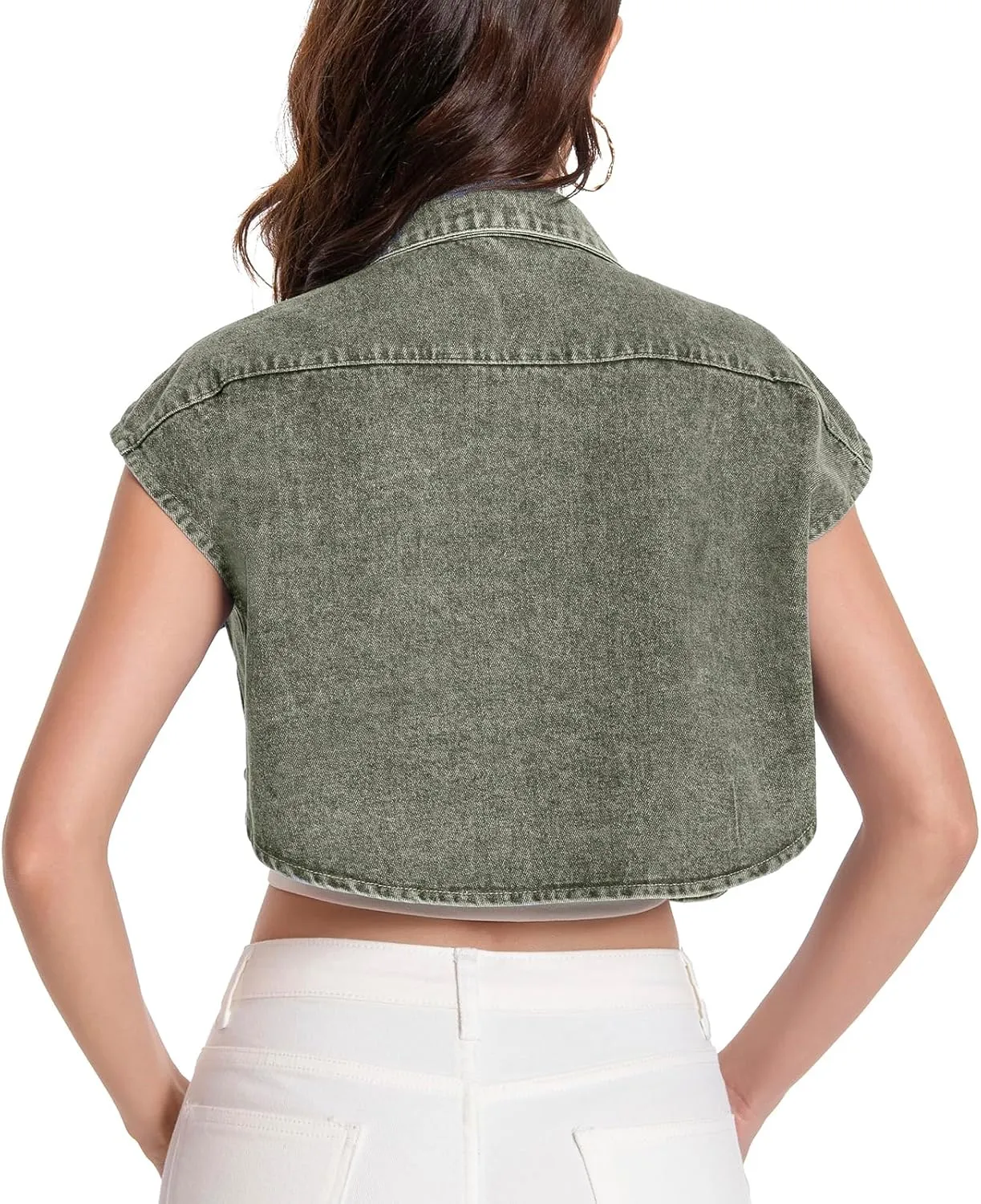 Women Cropped Denim Shirt Summer Jean Stylish Button Down Collared Cute Sleeveless Top with Pockets