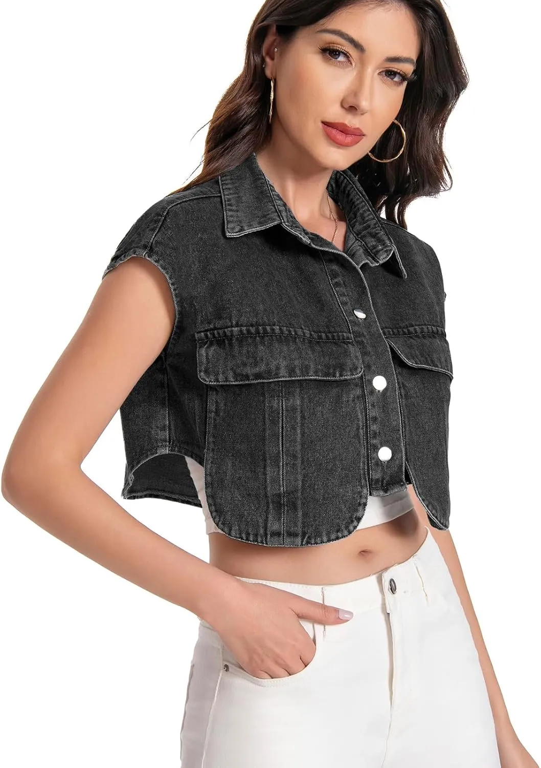 Women Cropped Denim Shirt Summer Jean Stylish Button Down Collared Cute Sleeveless Top with Pockets