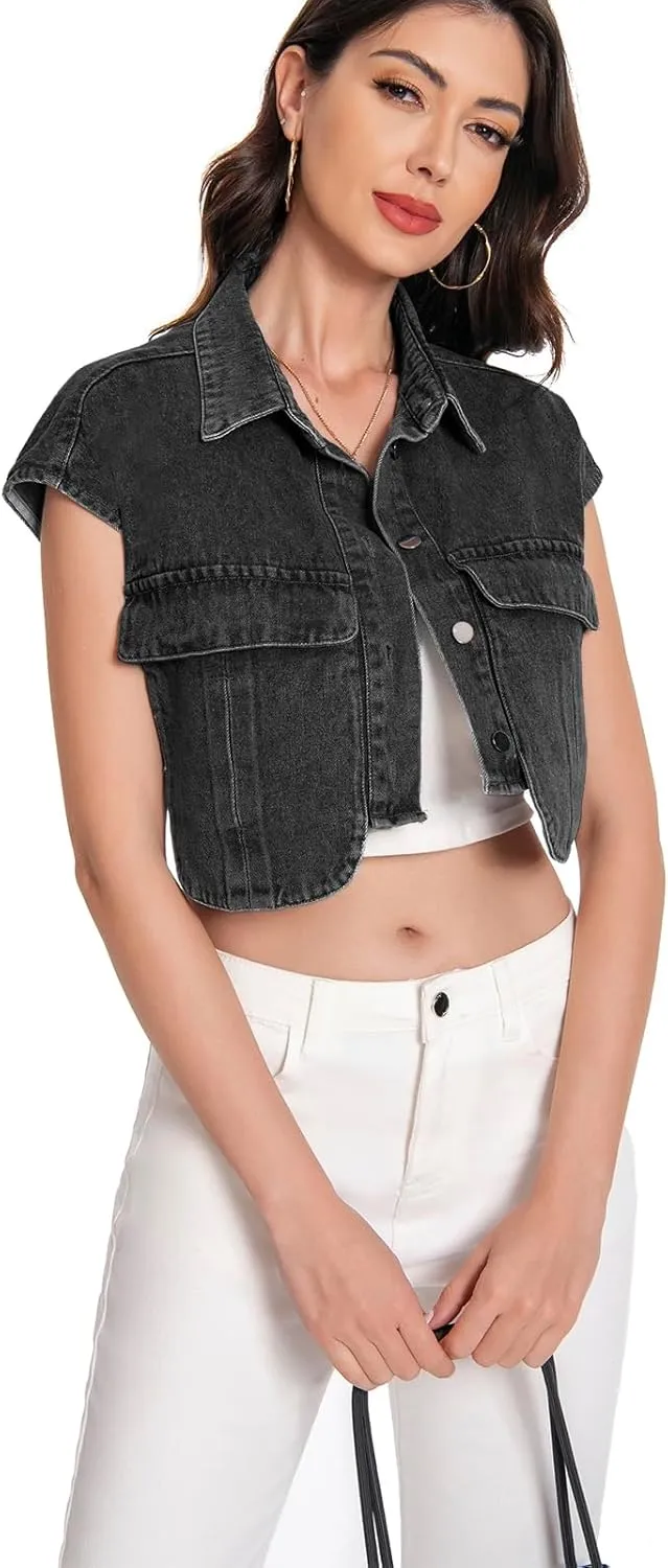 Women Cropped Denim Shirt Summer Jean Stylish Button Down Collared Cute Sleeveless Top with Pockets