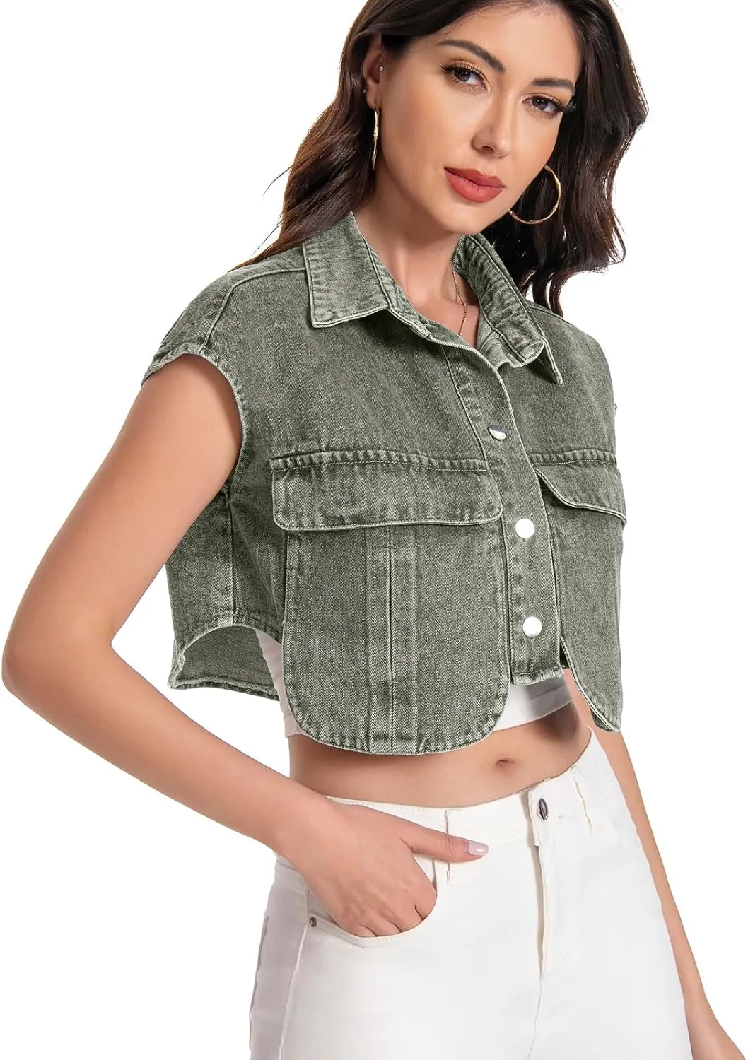 Women Cropped Denim Shirt Summer Jean Stylish Button Down Collared Cute Sleeveless Top with Pockets