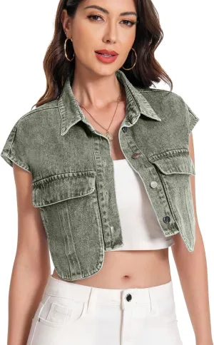Women Cropped Denim Shirt Summer Jean Stylish Button Down Collared Cute Sleeveless Top with Pockets
