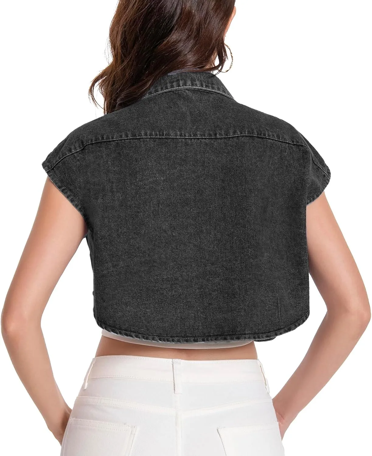 Women Cropped Denim Shirt Summer Jean Stylish Button Down Collared Cute Sleeveless Top with Pockets