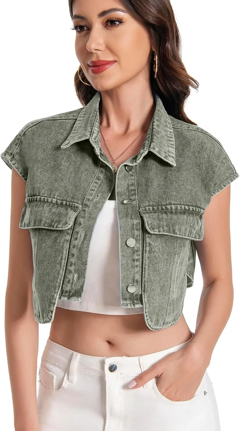 Women Cropped Denim Shirt Summer Jean Stylish Button Down Collared Cute Sleeveless Top with Pockets