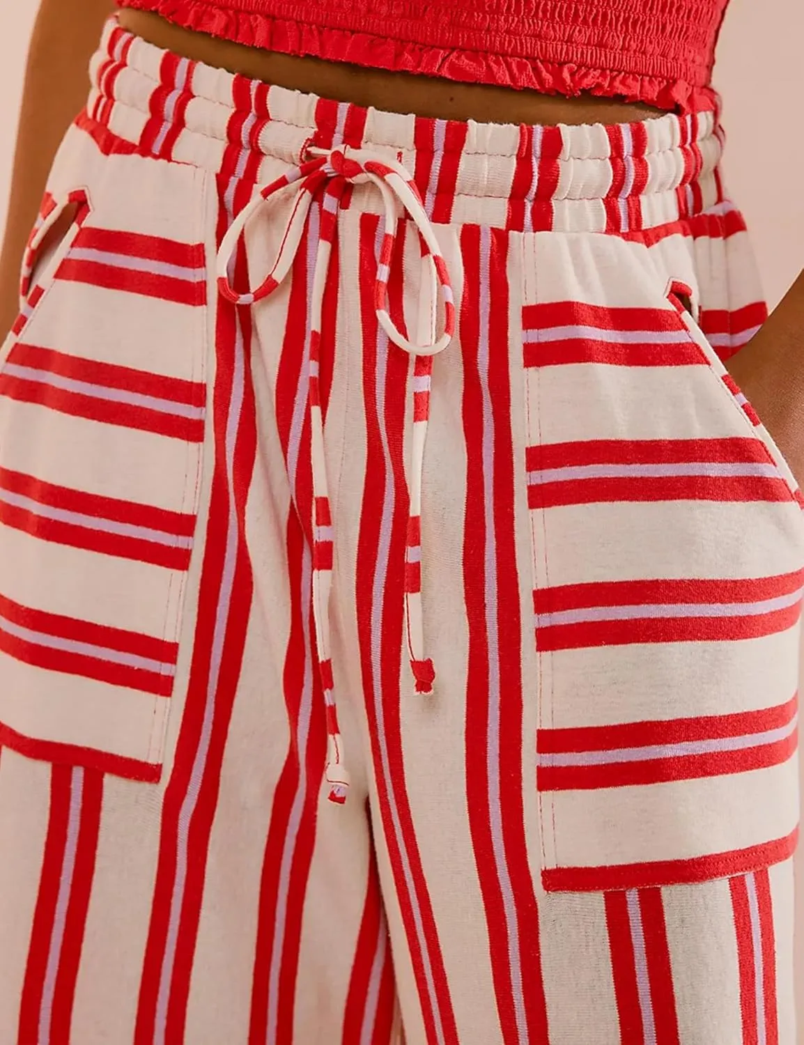 Women Drawstring Waist Stripe Wide Leg Pants Palazzo Pants for Women Casual Trousers Lounge Pants with Pockets