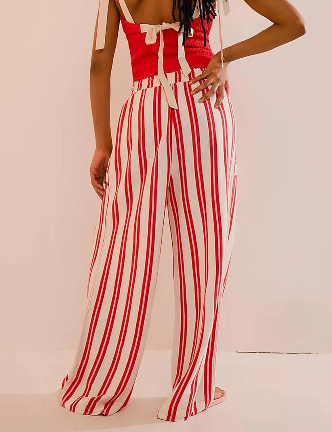 Women Drawstring Waist Stripe Wide Leg Pants Palazzo Pants for Women Casual Trousers Lounge Pants with Pockets