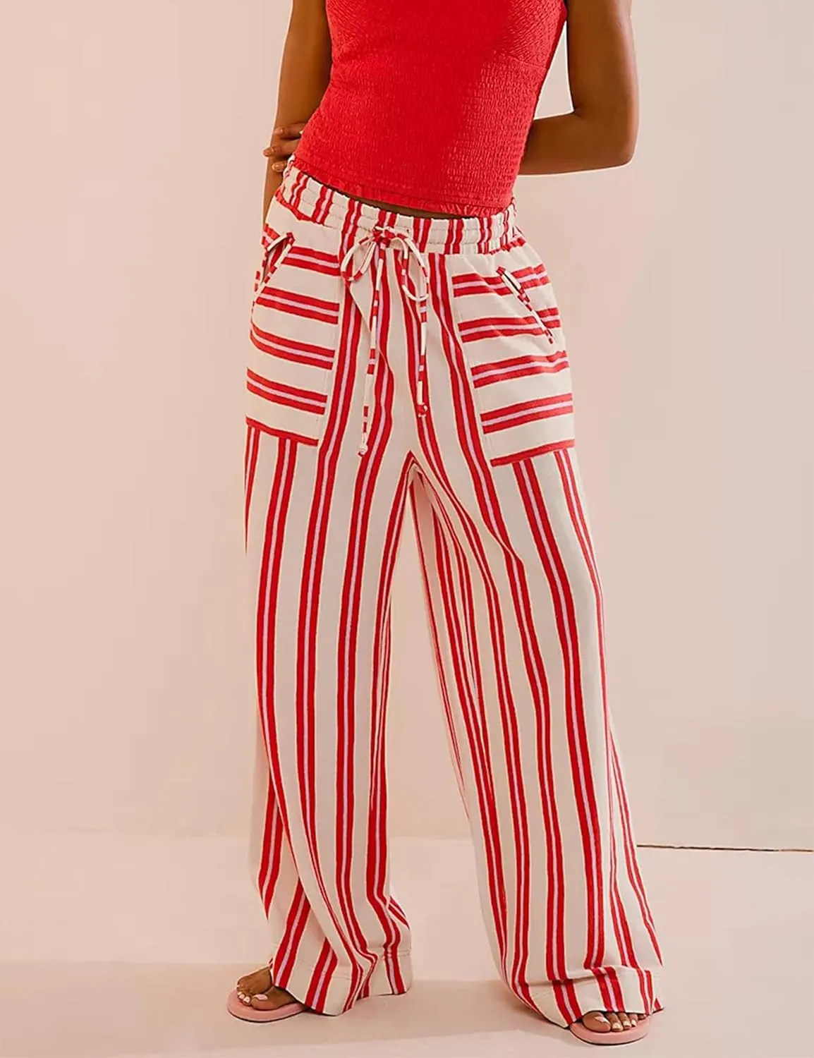 Women Drawstring Waist Stripe Wide Leg Pants Palazzo Pants for Women Casual Trousers Lounge Pants with Pockets