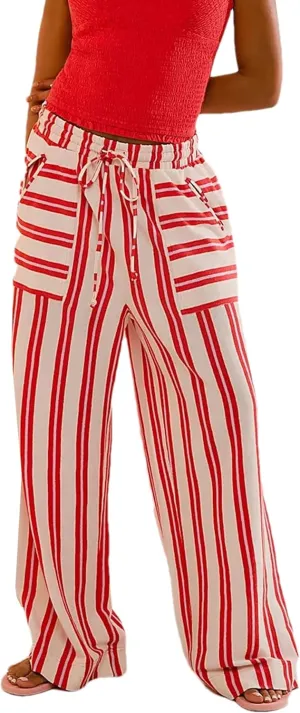 Women Drawstring Waist Stripe Wide Leg Pants Palazzo Pants for Women Casual Trousers Lounge Pants with Pockets