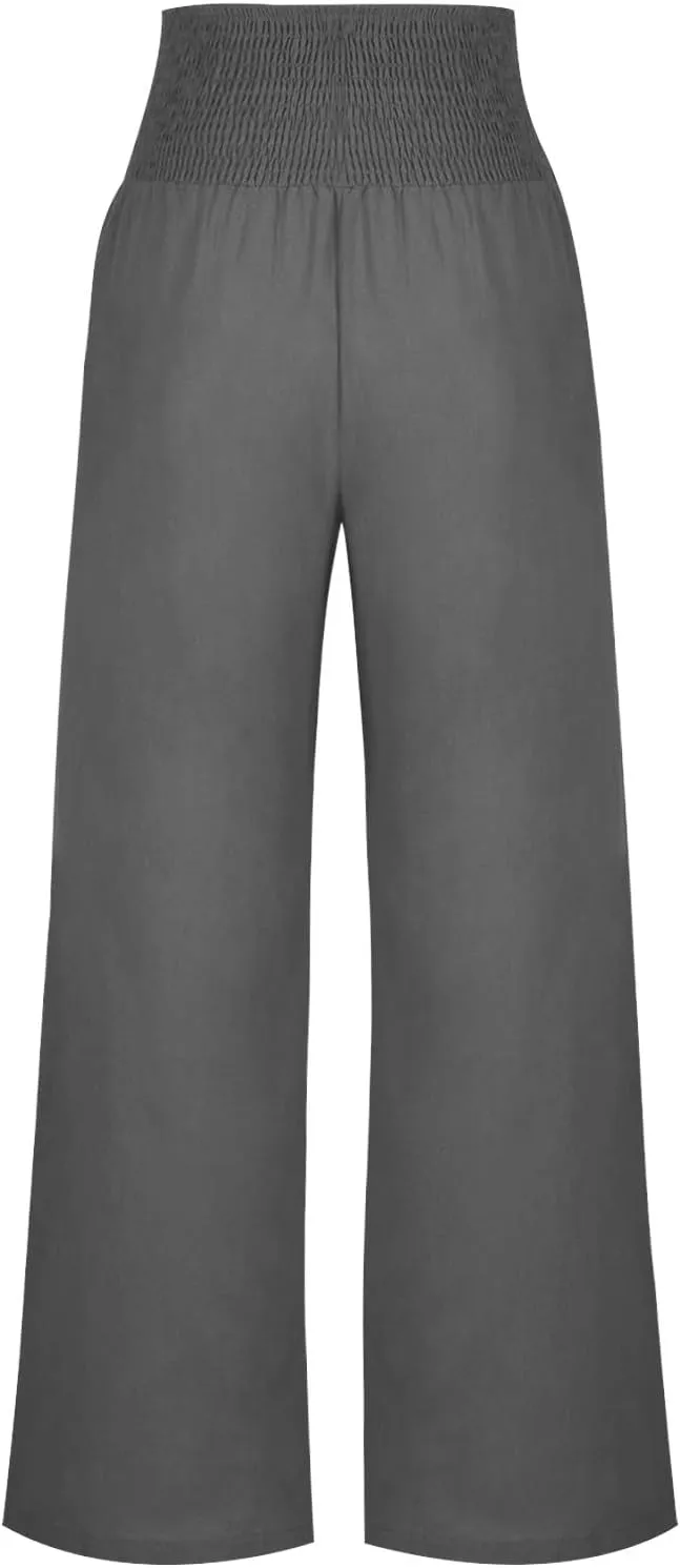 Women Dressy Casual Linen Pants 2025 Elastic Waist Drawstring Pocket Trousers Loose Straight Wide Leg Palazzo Pants