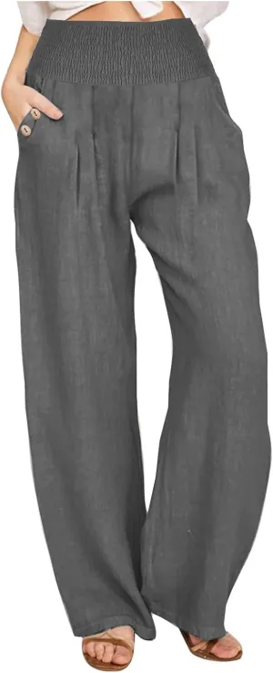 Women Dressy Casual Linen Pants 2025 Elastic Waist Drawstring Pocket Trousers Loose Straight Wide Leg Palazzo Pants