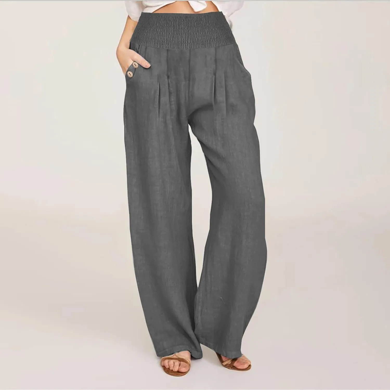 Women Dressy Casual Linen Pants 2025 Elastic Waist Drawstring Pocket Trousers Loose Straight Wide Leg Palazzo Pants
