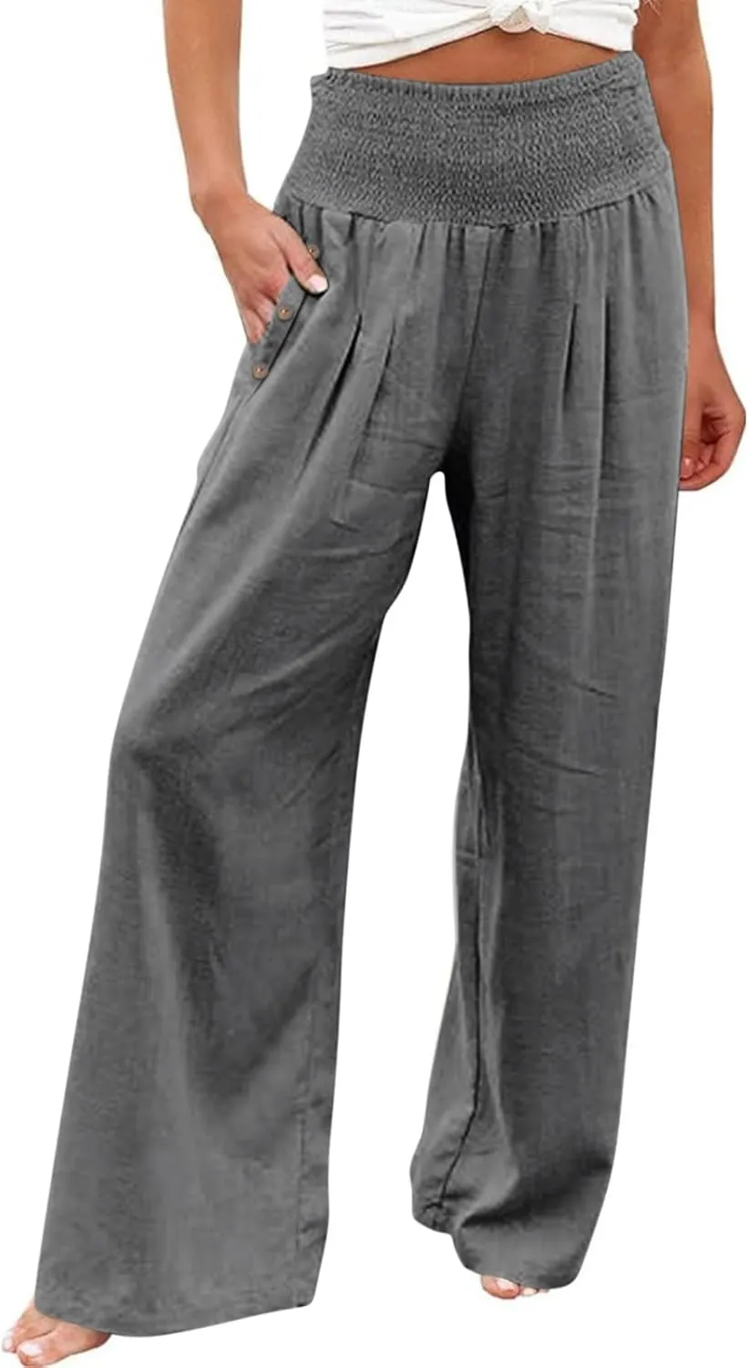 Women Dressy Casual Linen Pants 2025 Elastic Waist Drawstring Pocket Trousers Loose Straight Wide Leg Palazzo Pants