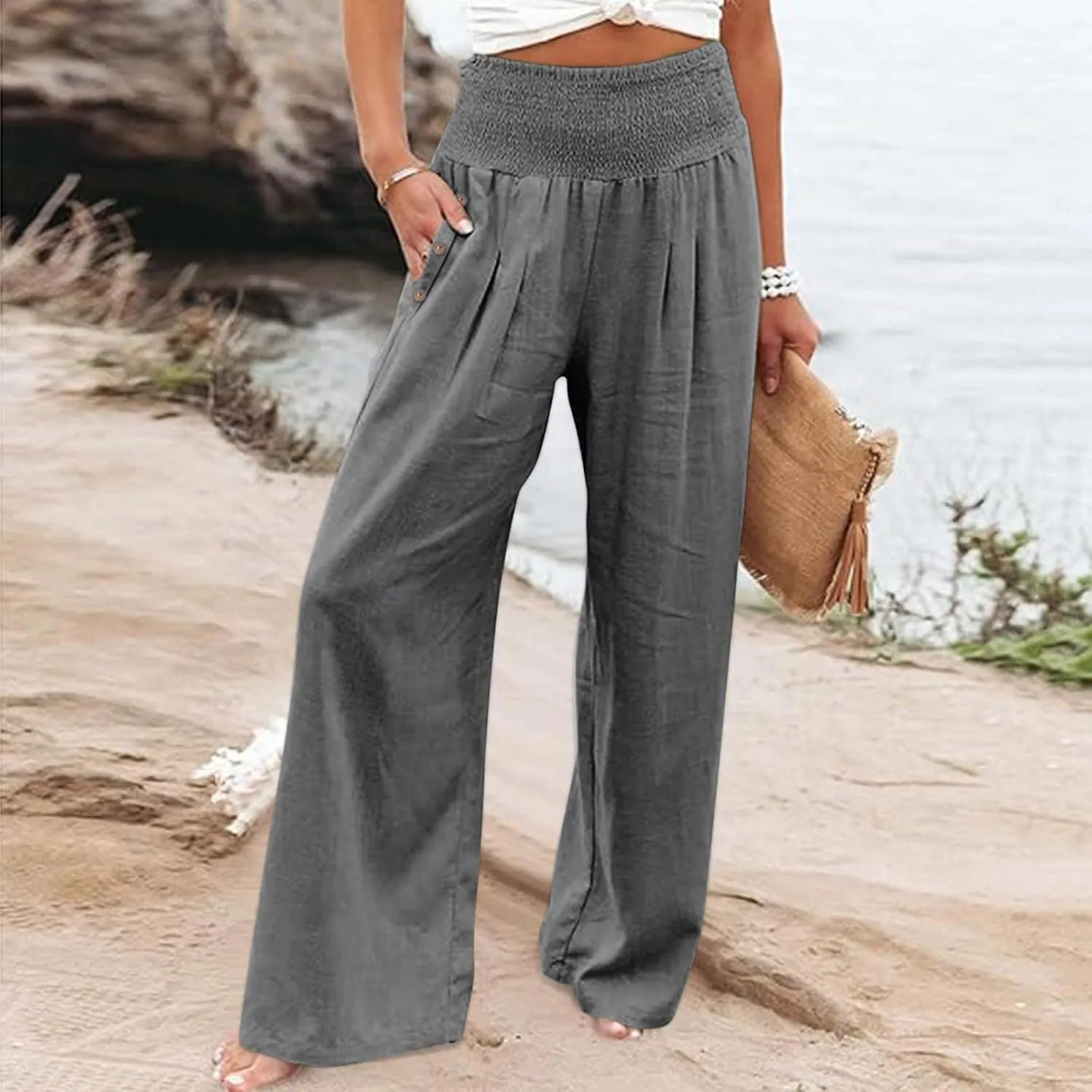 Women Dressy Casual Linen Pants 2025 Elastic Waist Drawstring Pocket Trousers Loose Straight Wide Leg Palazzo Pants