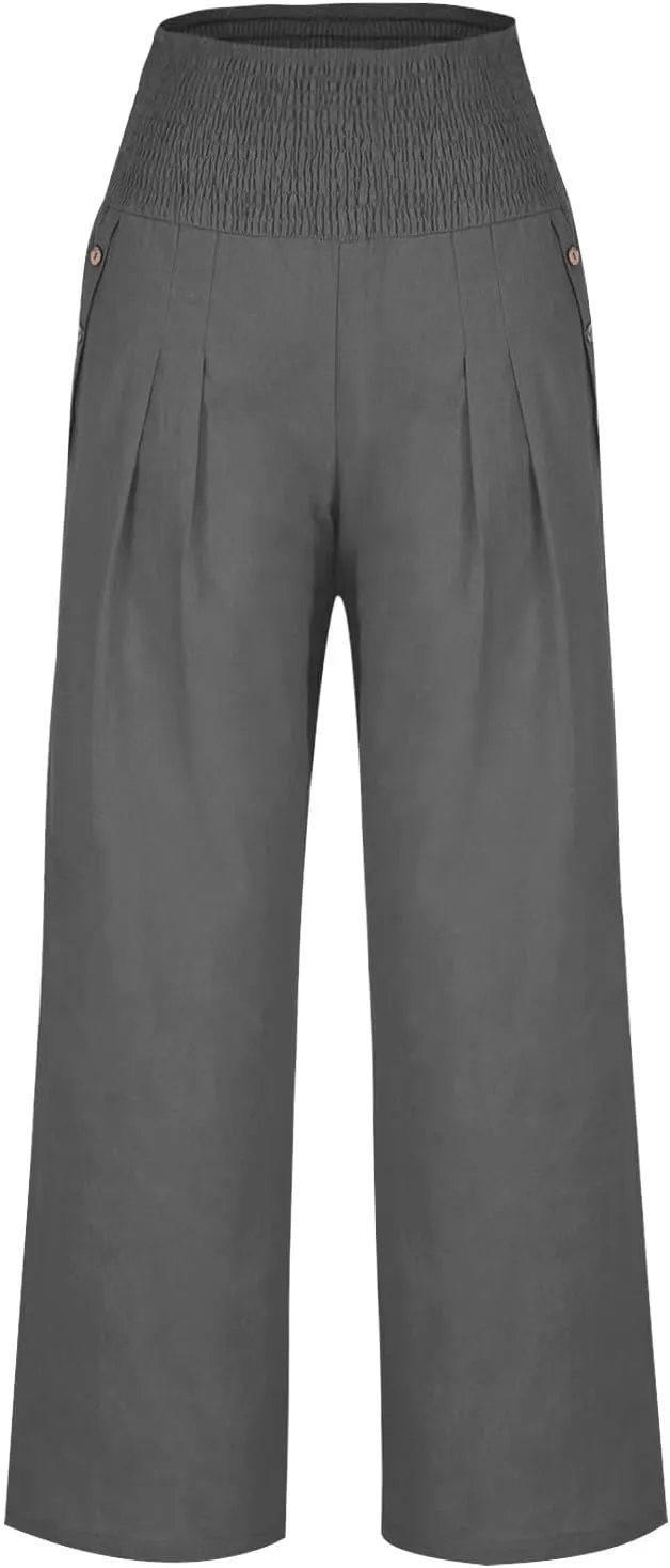 Women Dressy Casual Linen Pants 2025 Elastic Waist Drawstring Pocket Trousers Loose Straight Wide Leg Palazzo Pants