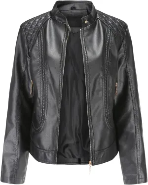 Women Faux Leather Jacket Spring Black Long Sleeve Moto Biker Zipper Short Coat