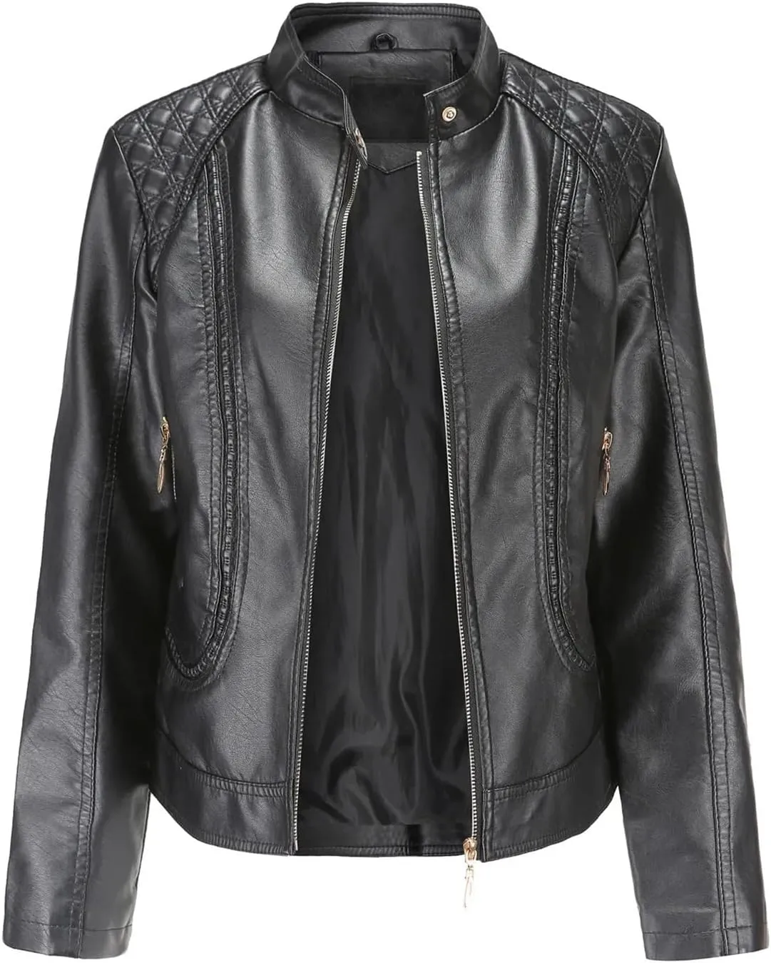 Women Faux Leather Jacket Spring Black Long Sleeve Moto Biker Zipper Short Coat