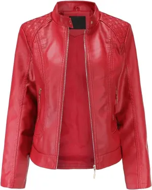 Women Faux Leather Jacket Spring Black Long Sleeve Moto Biker Zipper Short Coat