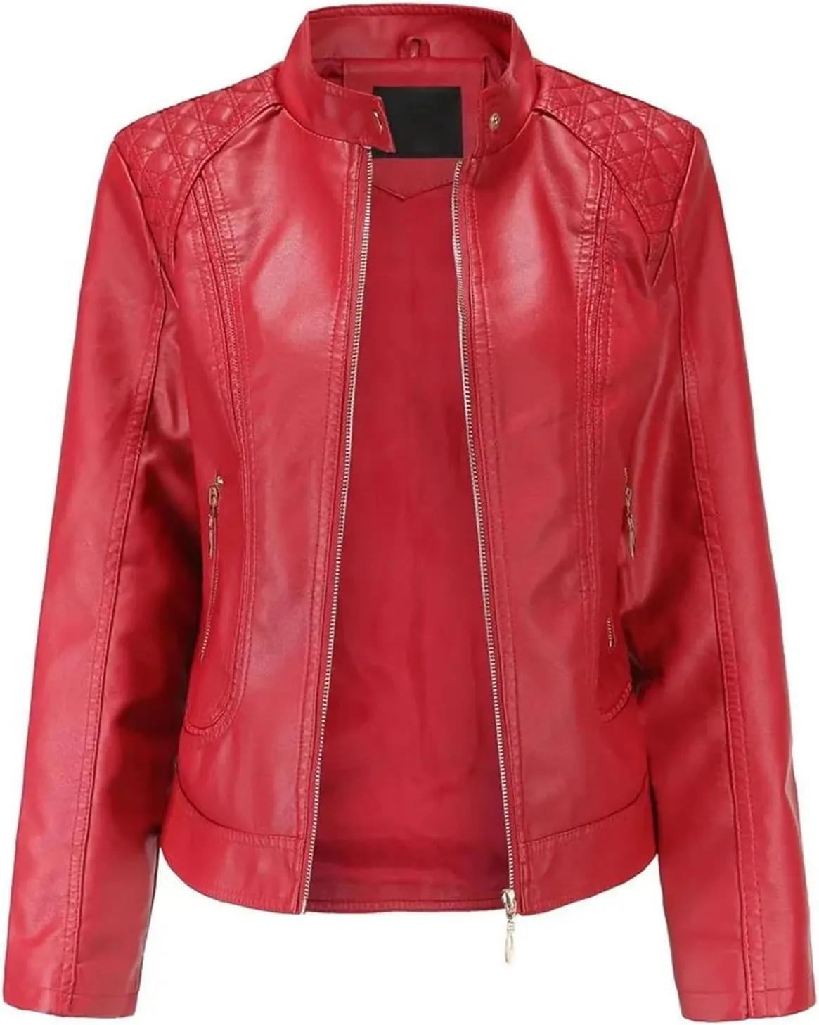 Women Faux Leather Jacket Spring Black Long Sleeve Moto Biker Zipper Short Coat