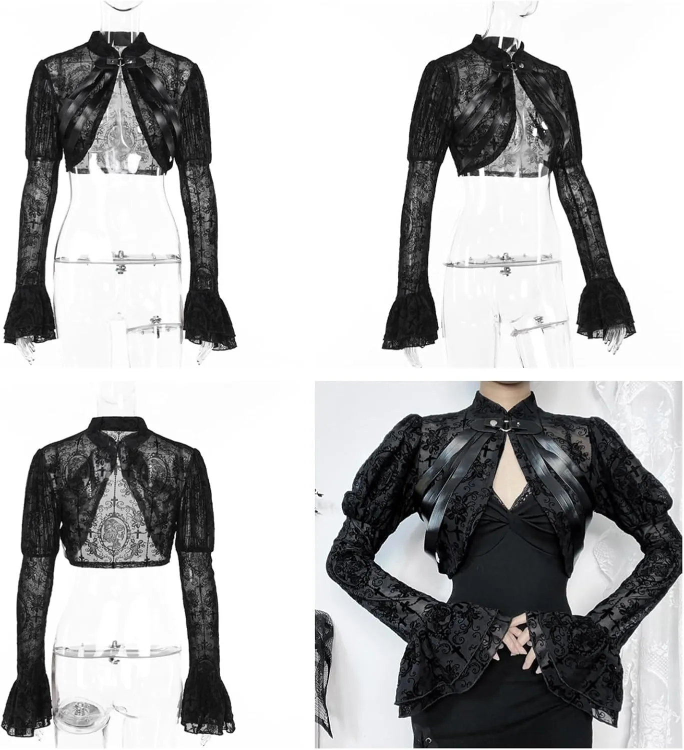 Women Gothic Crop Top Grunge Black Cover Up Cardigan Y2k Cropped Shirts