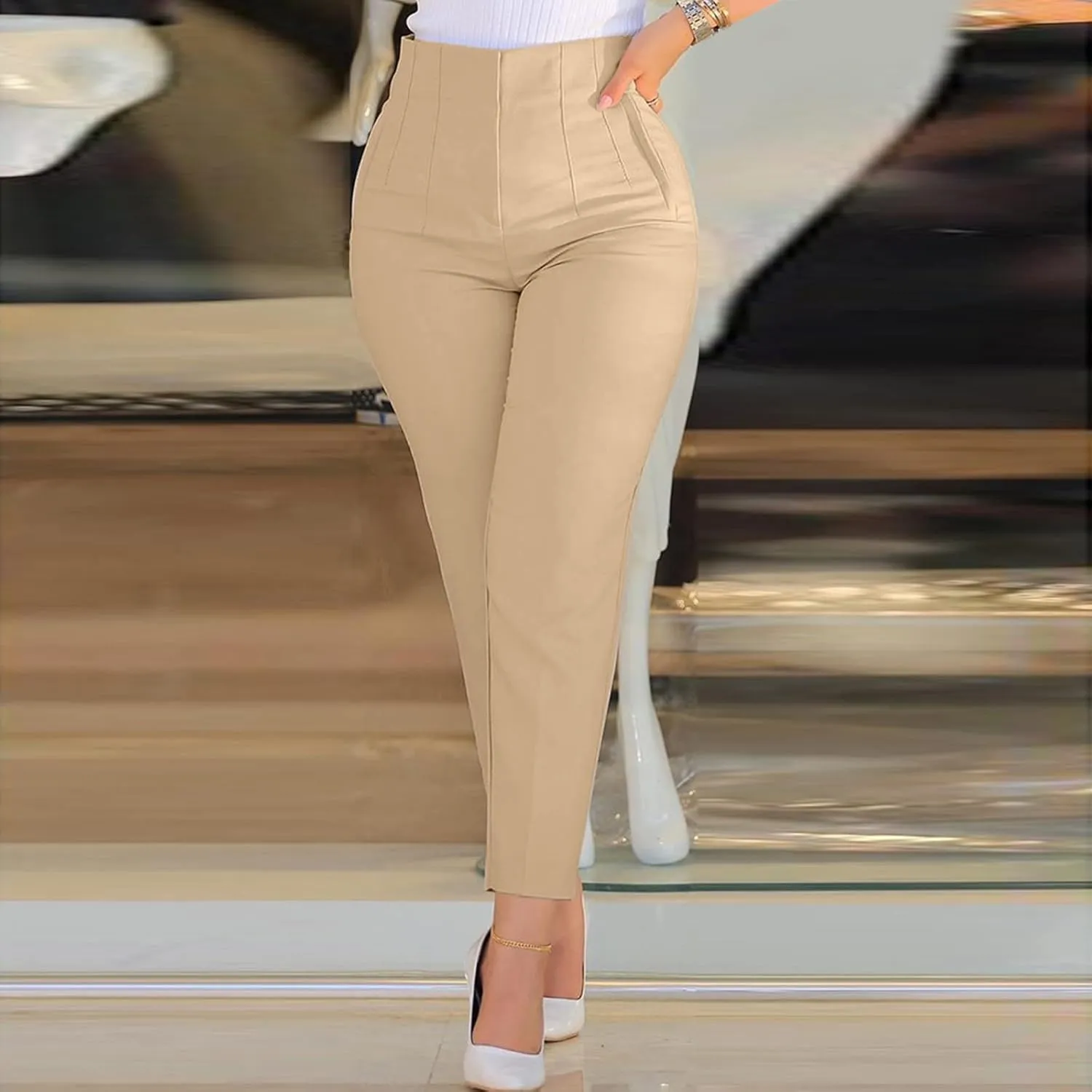 Women High Waist Cropped Work Pants Solid Zipper Trouser Pant Casual Baggy Womens Business Casual Pants with Pockets