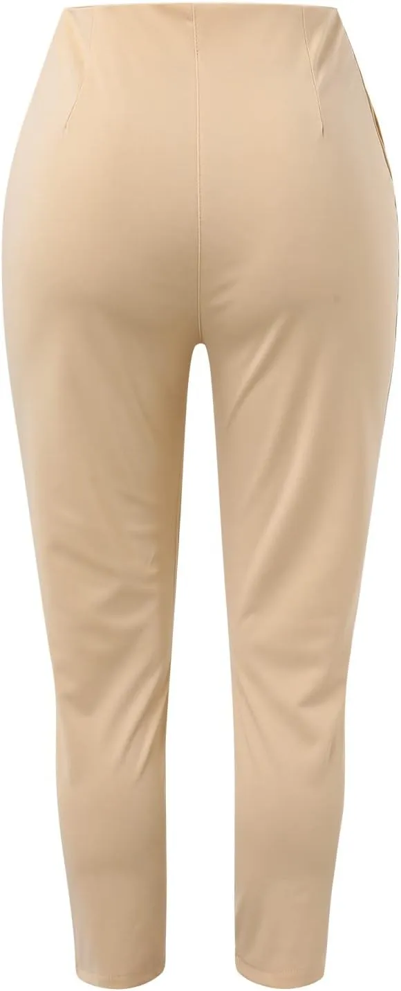 Women High Waist Cropped Work Pants Solid Zipper Trouser Pant Casual Baggy Womens Business Casual Pants with Pockets
