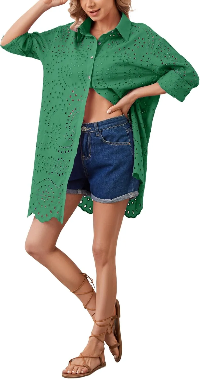Women Hollow Out Eyelet Button Down Lapel V Neck Long Sleeve Ruffle Flowy Solid Oversized Loose Mini Shirt Dress
