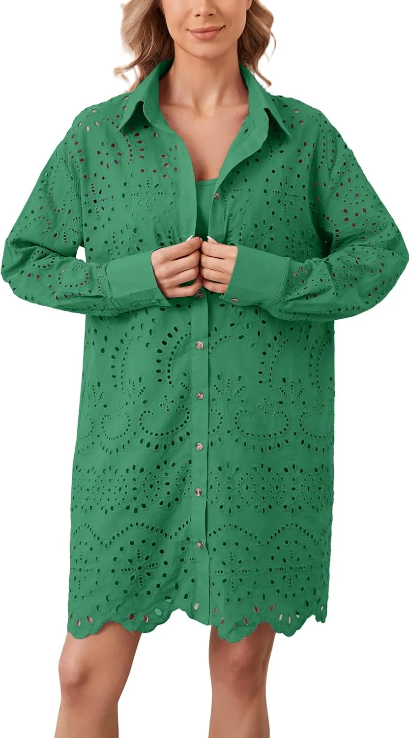 Women Hollow Out Eyelet Button Down Lapel V Neck Long Sleeve Ruffle Flowy Solid Oversized Loose Mini Shirt Dress