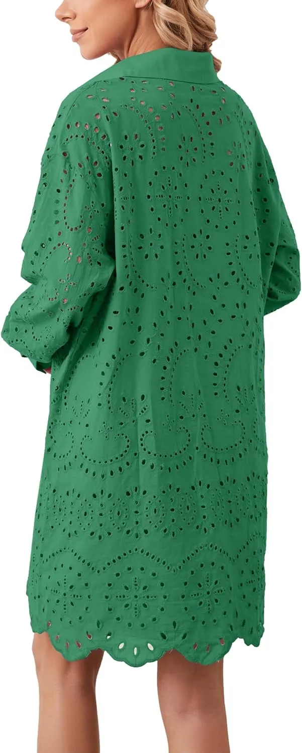 Women Hollow Out Eyelet Button Down Lapel V Neck Long Sleeve Ruffle Flowy Solid Oversized Loose Mini Shirt Dress