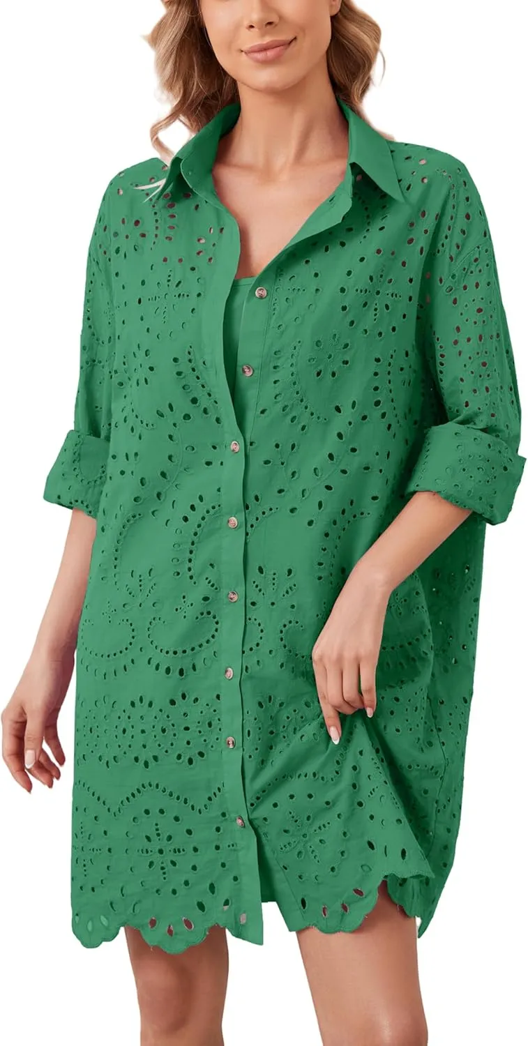 Women Hollow Out Eyelet Button Down Lapel V Neck Long Sleeve Ruffle Flowy Solid Oversized Loose Mini Shirt Dress