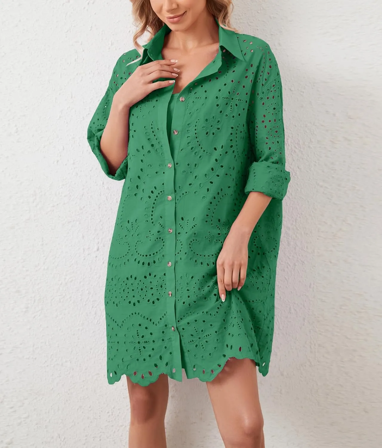 Women Hollow Out Eyelet Button Down Lapel V Neck Long Sleeve Ruffle Flowy Solid Oversized Loose Mini Shirt Dress