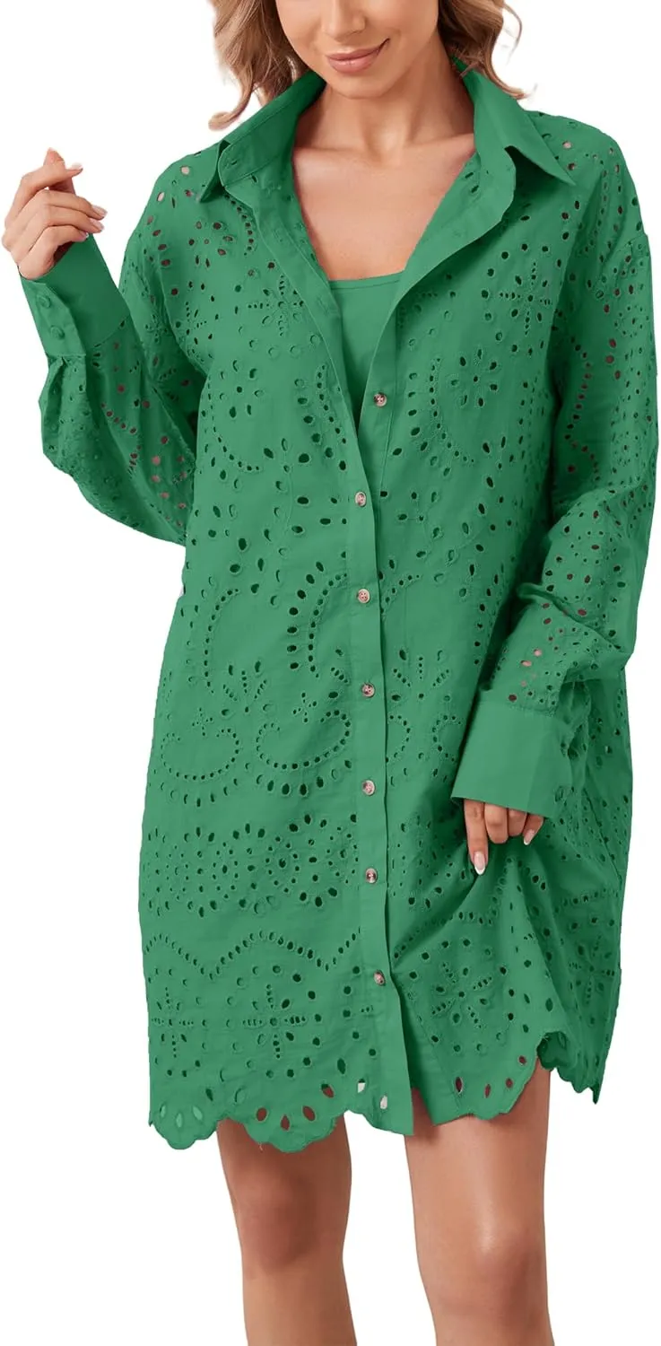 Women Hollow Out Eyelet Button Down Lapel V Neck Long Sleeve Ruffle Flowy Solid Oversized Loose Mini Shirt Dress