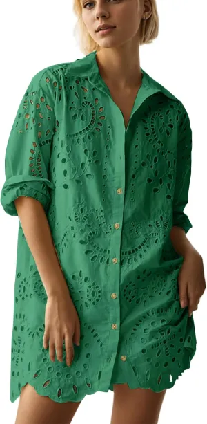 Women Hollow Out Eyelet Button Down Lapel V Neck Long Sleeve Ruffle Flowy Solid Oversized Loose Mini Shirt Dress