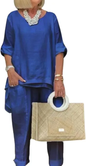 Women Linen 2 Piece Pants Suit for Women Dressy Cotton Linen Sets Outfits Long Sleeve Shirts Wide Leg Trousers
