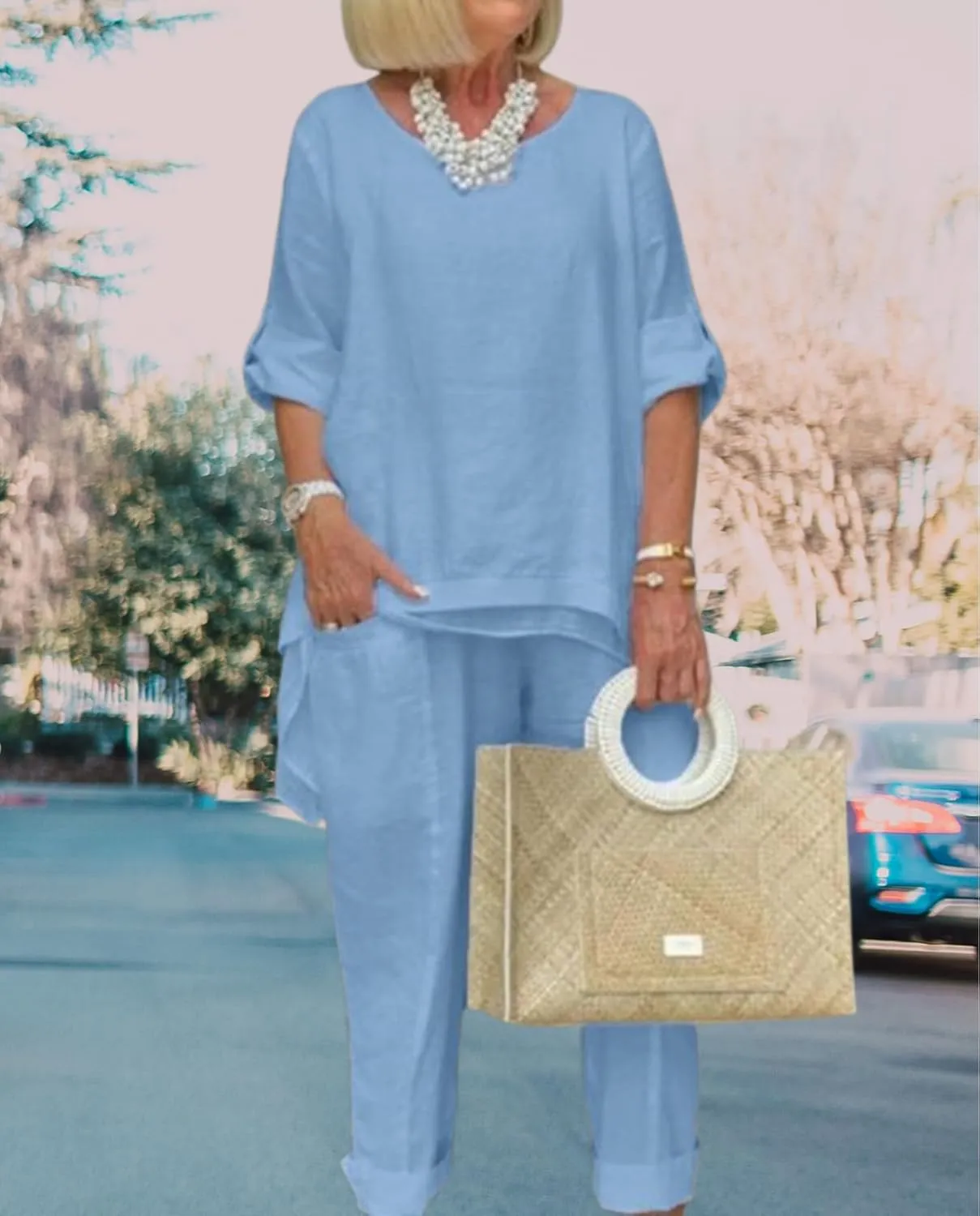 Women Linen 2 Piece Pants Suit for Women Dressy Cotton Linen Sets Outfits Long Sleeve Shirts Wide Leg Trousers