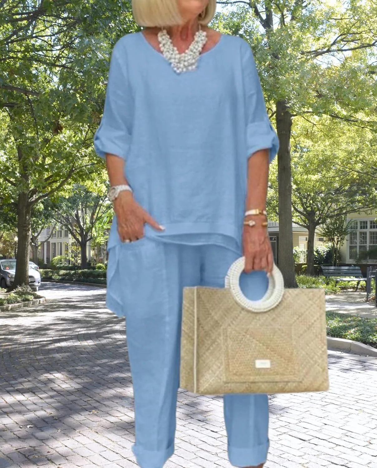 Women Linen 2 Piece Pants Suit for Women Dressy Cotton Linen Sets Outfits Long Sleeve Shirts Wide Leg Trousers