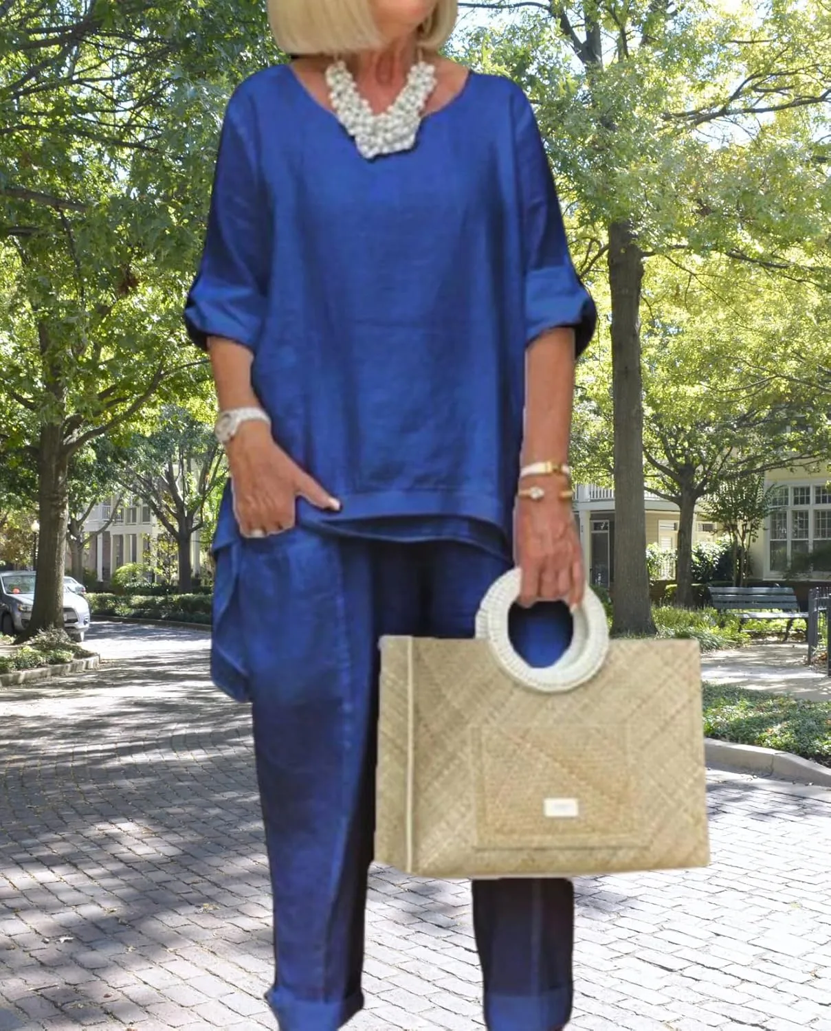 Women Linen 2 Piece Pants Suit for Women Dressy Cotton Linen Sets Outfits Long Sleeve Shirts Wide Leg Trousers
