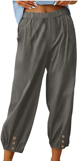 Women Linen Capri Pants Summer Casual Drawstring Elastic High Waist Pants Baggy Wide Leg Cropped Lounge Trousers