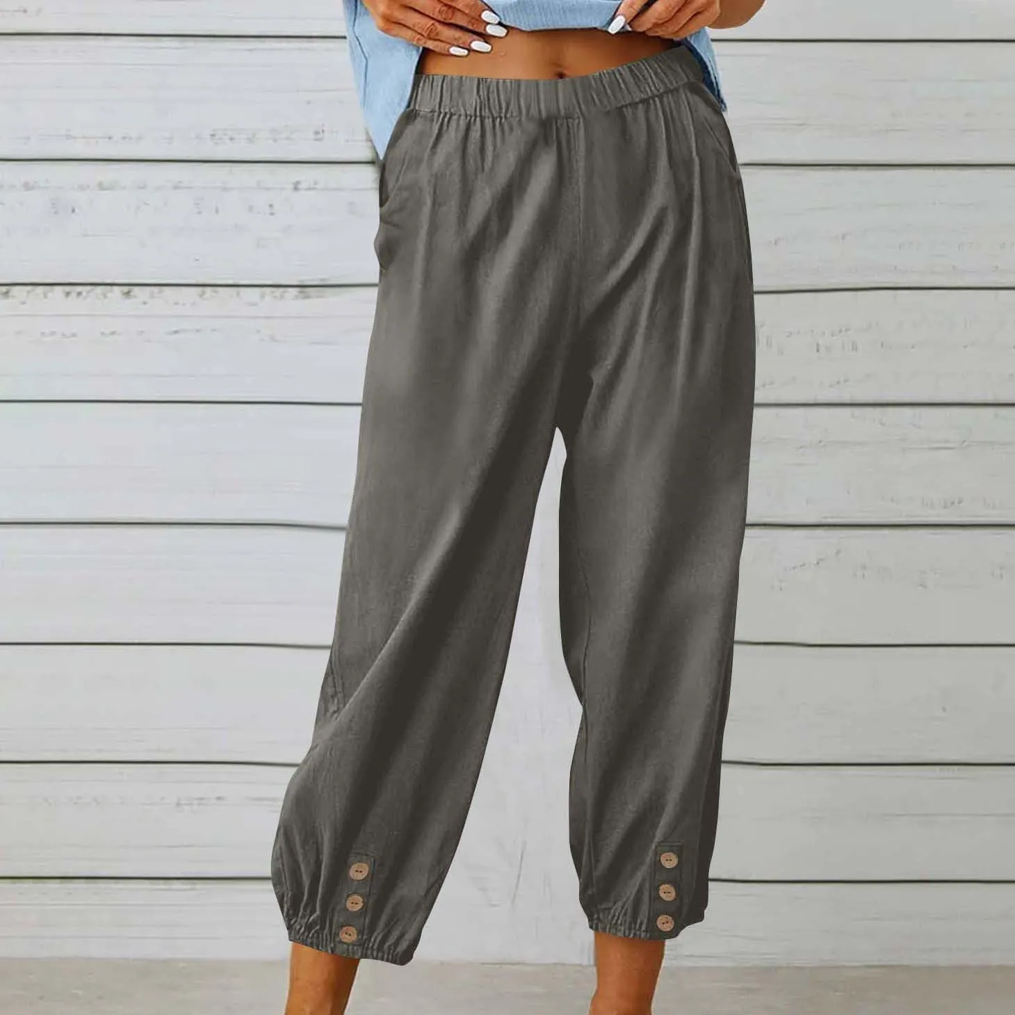 Women Linen Capri Pants Summer Casual Drawstring Elastic High Waist Pants Baggy Wide Leg Cropped Lounge Trousers
