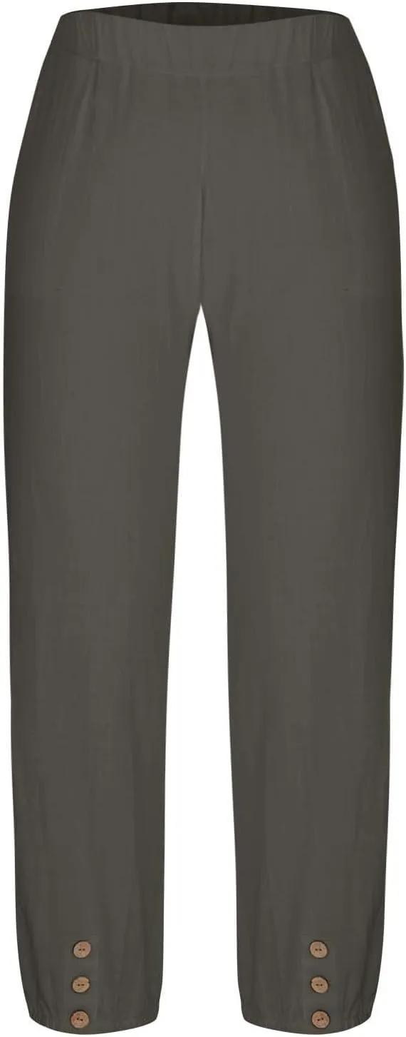 Women Linen Capri Pants Summer Casual Drawstring Elastic High Waist Pants Baggy Wide Leg Cropped Lounge Trousers
