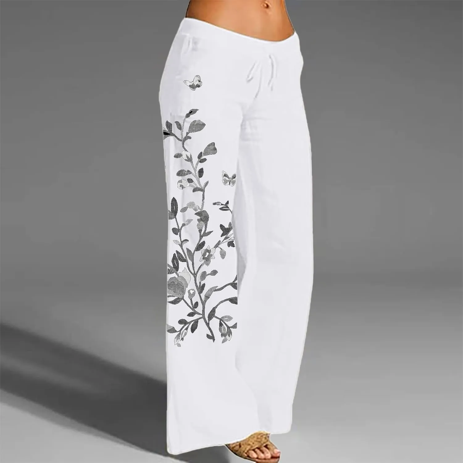 Women Linen Palazzo Pants 2025 Summer High Waisted Wide Leg Lounge Pants Pleated Beach Travel Trousers with Pocket